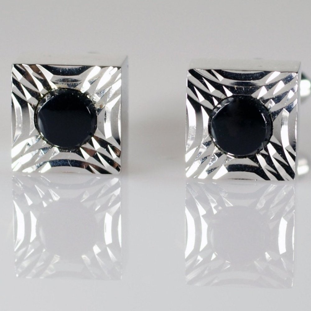 Vintage Dante Diamond Cut Silver Onyx Cufflinks